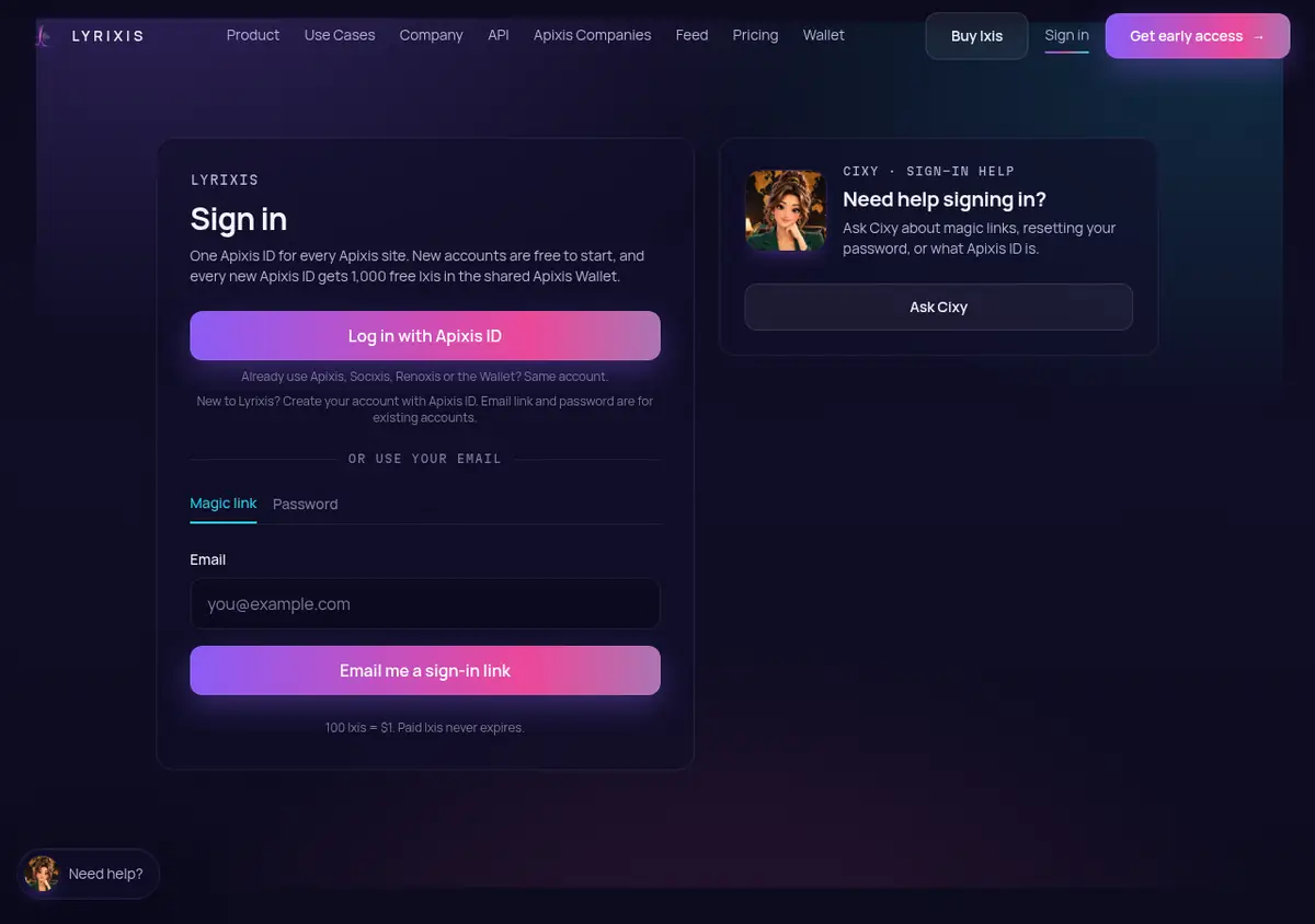 Lyrixis sign-in page with Log in with Apixis ID