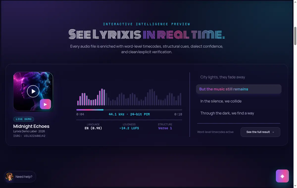 Lyrixis live demo showing a song moving through ingest, transcription, and alignment